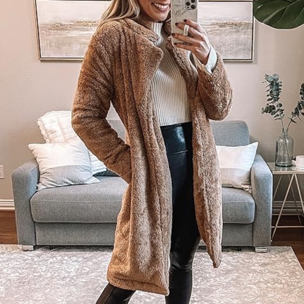 Women's teddy Fleece Lapel trench Long Cardigan Coat Faux Fur Warm Winter